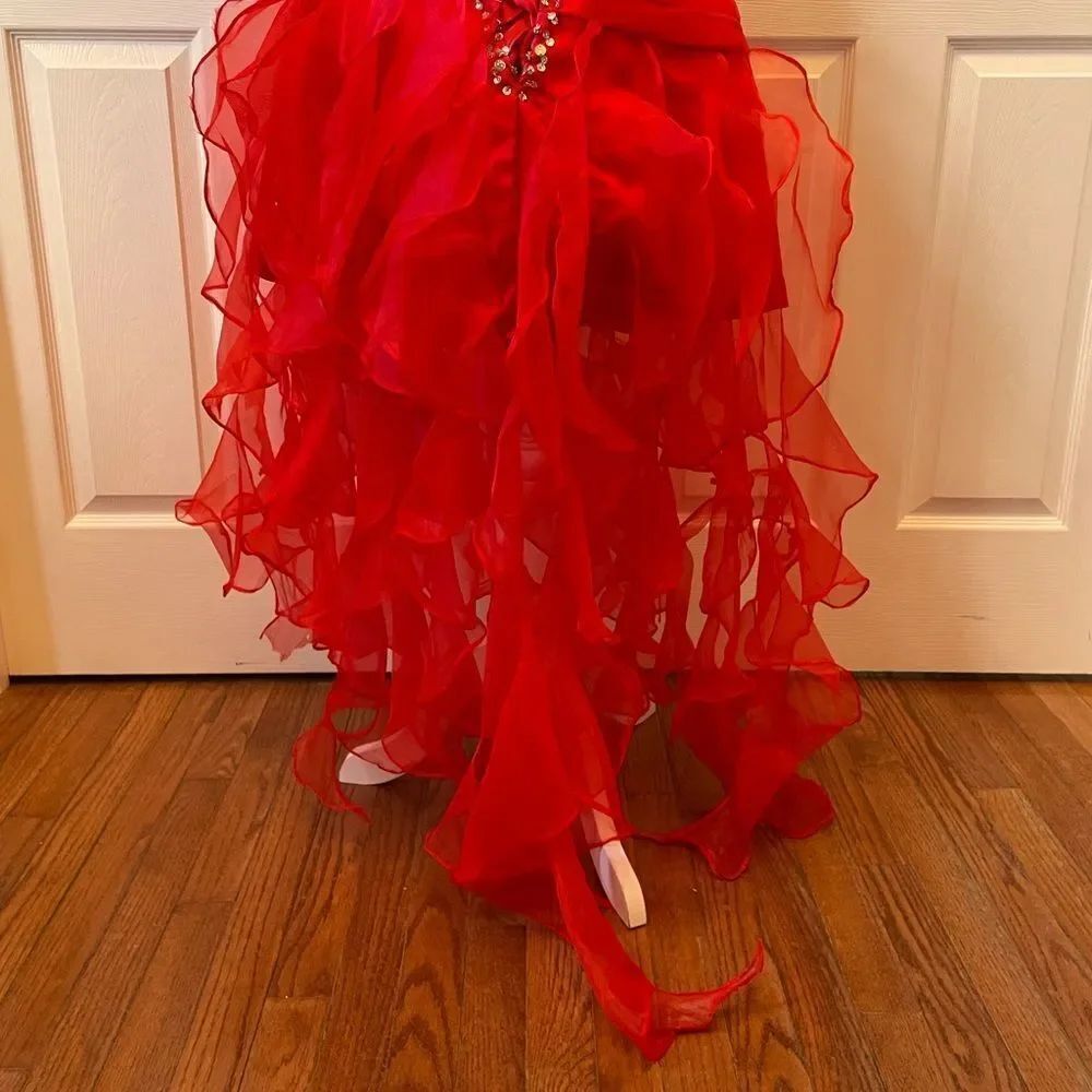 Red One-Shoulder Ruffled Gown - Picture 12 of 15